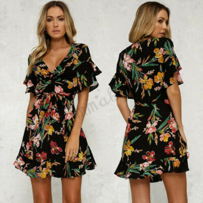 

Women Boho Loose Short Sleeve Mini Dress Ladies Holiday Kaftan Short Dress USA