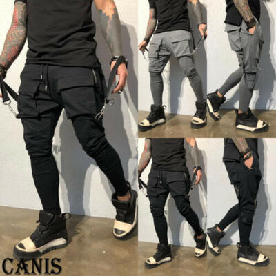 

2019 Mens Pockets Cargo Pants Tapered Trousers Hippie Casual Chain Ankle Fashion