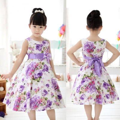 

Chic Girls Kids Princess Wedding Party Purple Flower Bow Gown Full Dresses 2-11Y