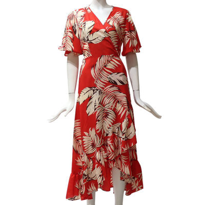 

Womens V Neck A-Line Printed Short Sleeve Irregular Chiffon Maxi Dress