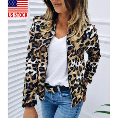 

US Women Leopard Jacket Coats Zip Up Casual Biker Short Punk Tops Outerwear Coat