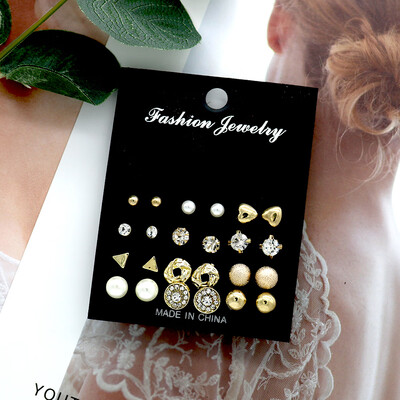 

12-PIECE Set Stylish Women\ Studs Multi-Element Jewel Pearl Geometric Earrings