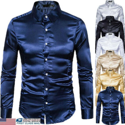 

US Men Silk Satin Long Sleeve Shirt Ruffled Vintage Wedding Tuxedo Dress Shirts