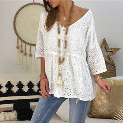 

Womens Blouse Casual Loose Lace Pullover Hollow Floral 34 Sleeve Tops Shirt