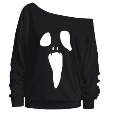 

goldstrings Womens Funny Pumpkin Face Ghost Graphic One Shoulder Sweatshirts Halloween Long Sleeve Tops