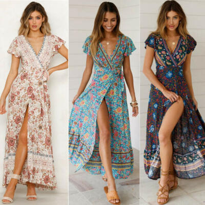 

Womens Boho Floral Summer Party Evening Beach Short Long Maxi Dress Sundress