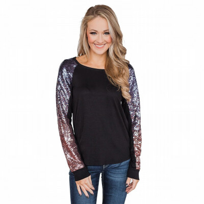 

Round neck long sleeve sequin stitching slim slimming top