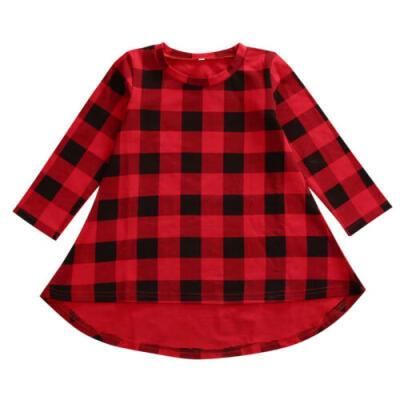 

Toddler Kids Girls Long Sleeve Dress Red Plaid Dresses Baby Unregular Clothes