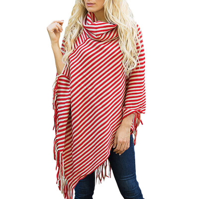 

Roseonmyhand Women Diagonal Striped High Collar Fringed Cloak Sweater Shawl