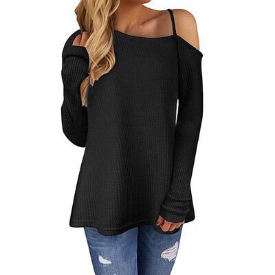 

Autumn Women Long Sleeve T-shirt Cold Shoulder Solid Color Autumn Ladies Knitted Tee Split Tunic Tops tshirt
