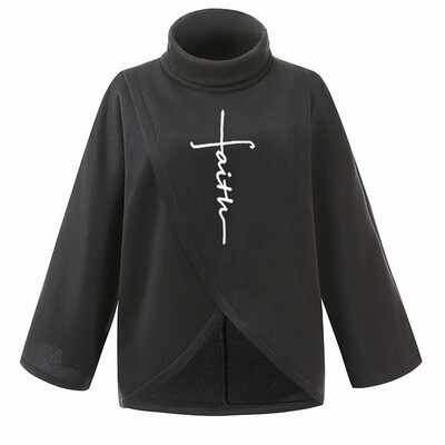 

New Autumn And Winter Fashion Casual Women Faith Letter Print Sweatshirt High Collar Splice Loose Blouse Tops
