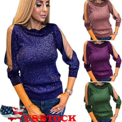 

US Women Sexy Solid Mesh Cold Shoulder Long Sleeve Slim Blouse Top T-Shirt -XL