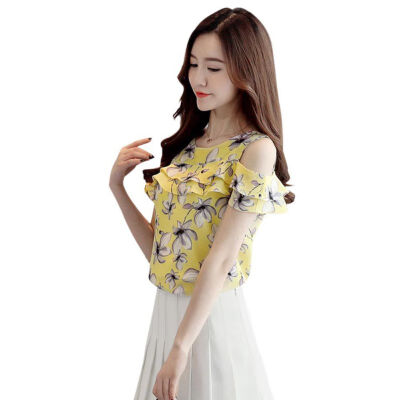 

Womens ruffled shoulders off-the-shoulder short-sleeved chiffon casual top