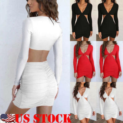 

New Women Bodycon Long Sleeve Evening Sexy Hollow Out Party Cocktail Mini Dress