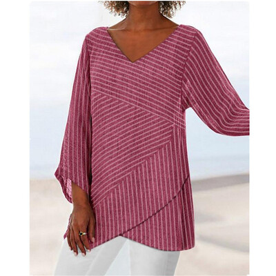 

Women Casual Loose Cotton Linen Striped Long Sleeve Long Shirt Blouse Tunic Tops