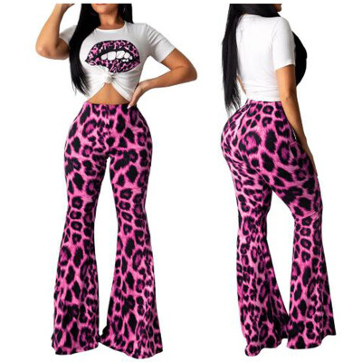 

Women New Skinny Flare Leopard Print Bell Bottom High Waist Long Pants Trousers