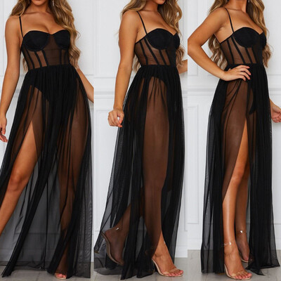 

Womens Sexy Mesh Sheer Spaghetti Strap Sling Bikini Cover Up Casual Long Dress Summer Beach