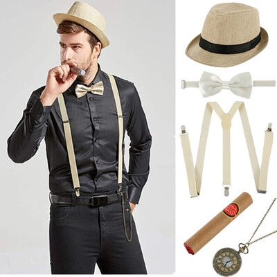 

1920s Gatsby Costume for Men Accessories Set Panama Hat Elastic Y-Back Suspender Bow Tie Pocket Watch&Plastic Cigar