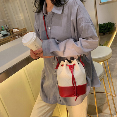 

Women Patchwork Leather Shoulder Bags Plaid Drawstring Closure Bucket Crossbody Bags Fashion Girls Travel Daily Handbags
