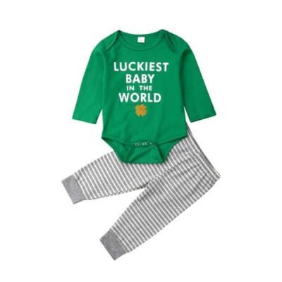 

Luckiest Baby in The World 2Pcs Newborn Baby Outfits Romper Top Striped Pants Set for Toddler Girl