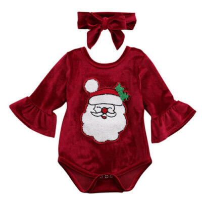 

US Newborn Kids Baby Girl Xmas Romper Jumpsuit BodysuitHeadband Clothes Outfits