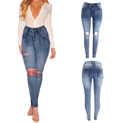 

Tailored Women High Waisted Long Pants Pocket Denim Jeans Hole Stretch Length Jeans