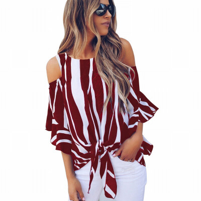 

Vertical striped shirt Womens color round neck cropped sleeves loose top