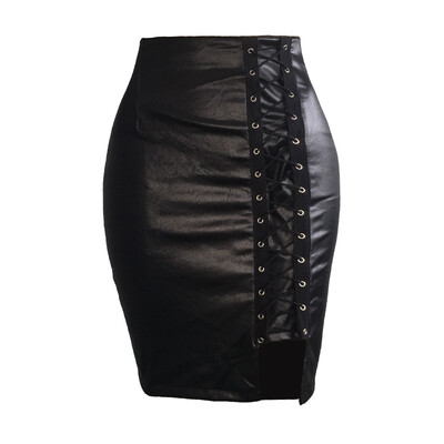 

Women Skirt Faux Leather PU High Waist Slim Sexy Lace Up Package Hip Long Skirts