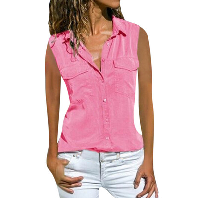 

Starmoon Women Casual Solid Sleeveless Turn Down Collar Pockets Button Front Shirt Tops