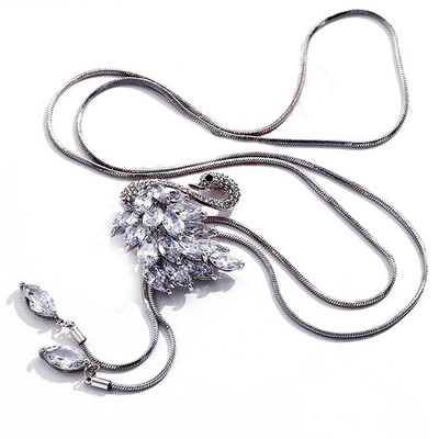 

Hot Long Silver Color Chain with Full Rhinestone Swan Pendant Necklace