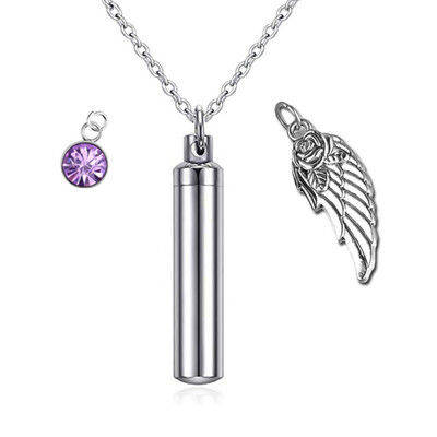 

Cremation Jewelry Urn Necklace for Ashes with Angel Wing Charm & Cylinder Eternity Stainless Steel