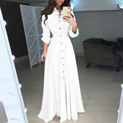 

Women Boho Long Sleeve Button Dowm Maxi Dress Evening Party Beach Bodycon Casual Shirt Dress