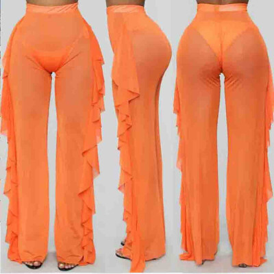 

Women Lace See Through High Waist Flared Trouser Beach Summer Holiday Mesh Pants