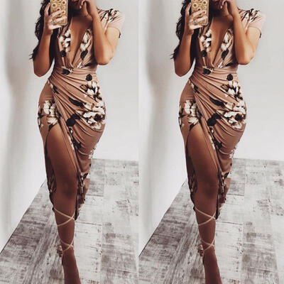 

Women Deep V Floral Print Bodycon Evening Party Cocktail Beach Ruched Slit Dress