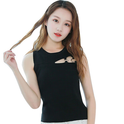 

Women Sleeveless O Neck Crop Top Sexy Hollow Out Tee Shirt Rings Decor T-shirt Top