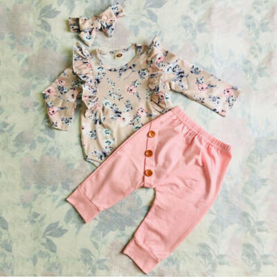 

Newborn Infant Baby Girl Ruffle Romper Tops Floral Pants 3PCS Outfit Set Clothes