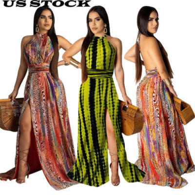 

US New Womens Sleeveless Boho Party Casual Halter Neck Maxi Dress Long Dresses