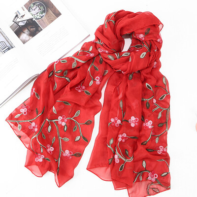 

2018 new ten miles peach chiffon flower embroidered silk scarf female travel photo sunscreen beach shawl wholesale