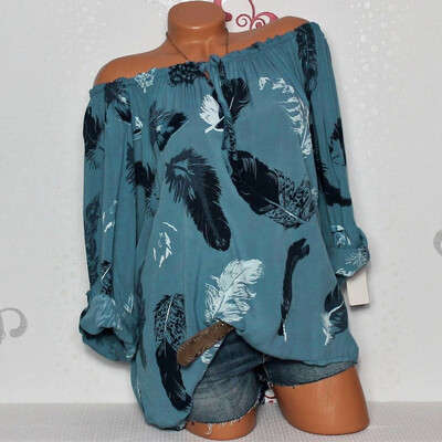 

Starmoon Women Casual Cold Off Shoulder Feather Print Daily Long Sleeve Tops Shirt Blouse