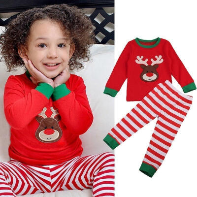 

2018 Hot Sale Christmas Kids Girls Nightwear Xmas Deer Printed Pyjamas Set