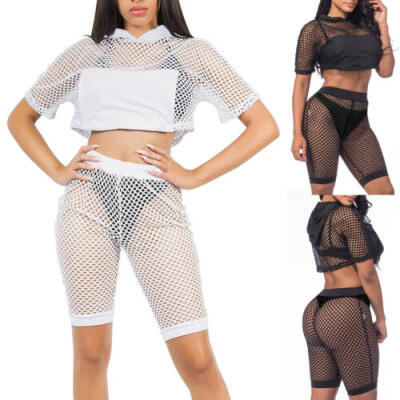 

New Women Short Sleeve See-Through Mesh Fishnet Crop Top T-Shirt&Shorts Set