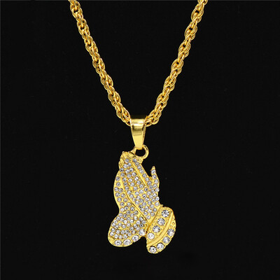 

Trendy Alloy Gold Color Fulled Crystal Double Hands Prayer Pendant Necklace Hip Hop Link Chain Necklace For Men