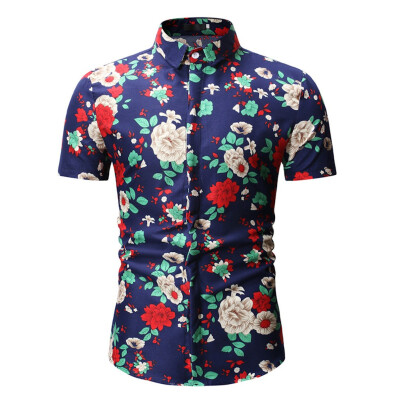 

Tailored Men Summer Printed Slim Fit Short Sleeve Stand Collar Button Shirt Top Blouse