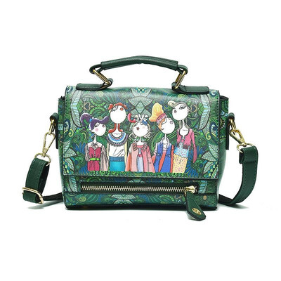 

Retro Women Shoulder Bag Vintage Character Print PU Leather Crossbody Messenger Bag Handbag Tote Green