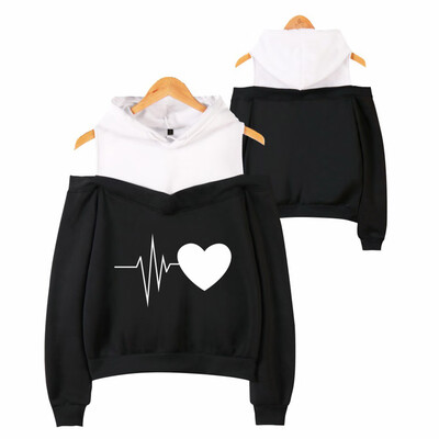 

Tailored Women Off Shoulder Heart Print Loose Hooded Sweatshirt Fake Two-Piece Blouse
