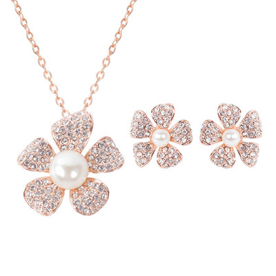 

Romantic Lady Pearl Flower Necklace Pendant Earring Set Charm Fashion
