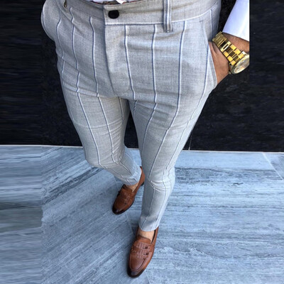 

Gobestart Fashion Men Casual Business Slim Fit Striped Print Zipper Long Pants Trousers