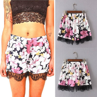 

New Fashion Women Shorts Floral Print Elastic Mid Waist Lace Hem Slim Casual Boho Beach Wear Black