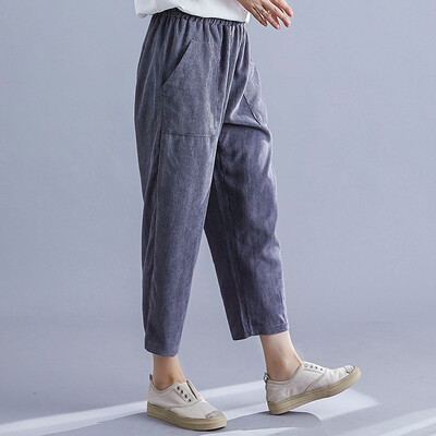 

Tailored Womens Elastic Waist Cotton Linen Cropped Nine pants Ladies Casual Pocket Pants