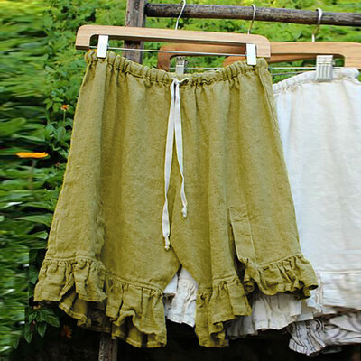

Tailored Women Plue Size Causal Solid Linen High Waist Tie Up Loose Wide Short Leg Pants